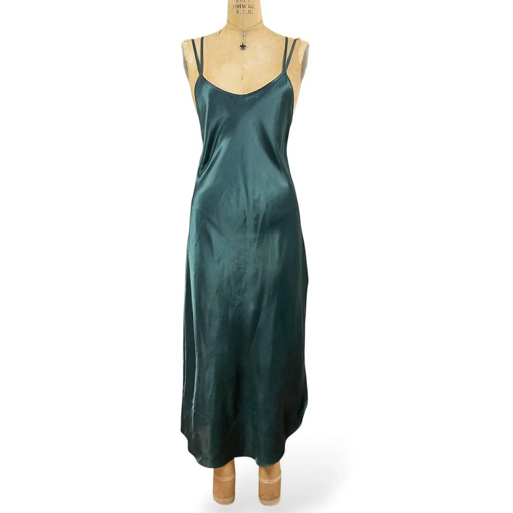 90's Emerald Maxi Slip Dress Strappy Low Back Glam Evening Matallic Size M - Picture 1 of 14